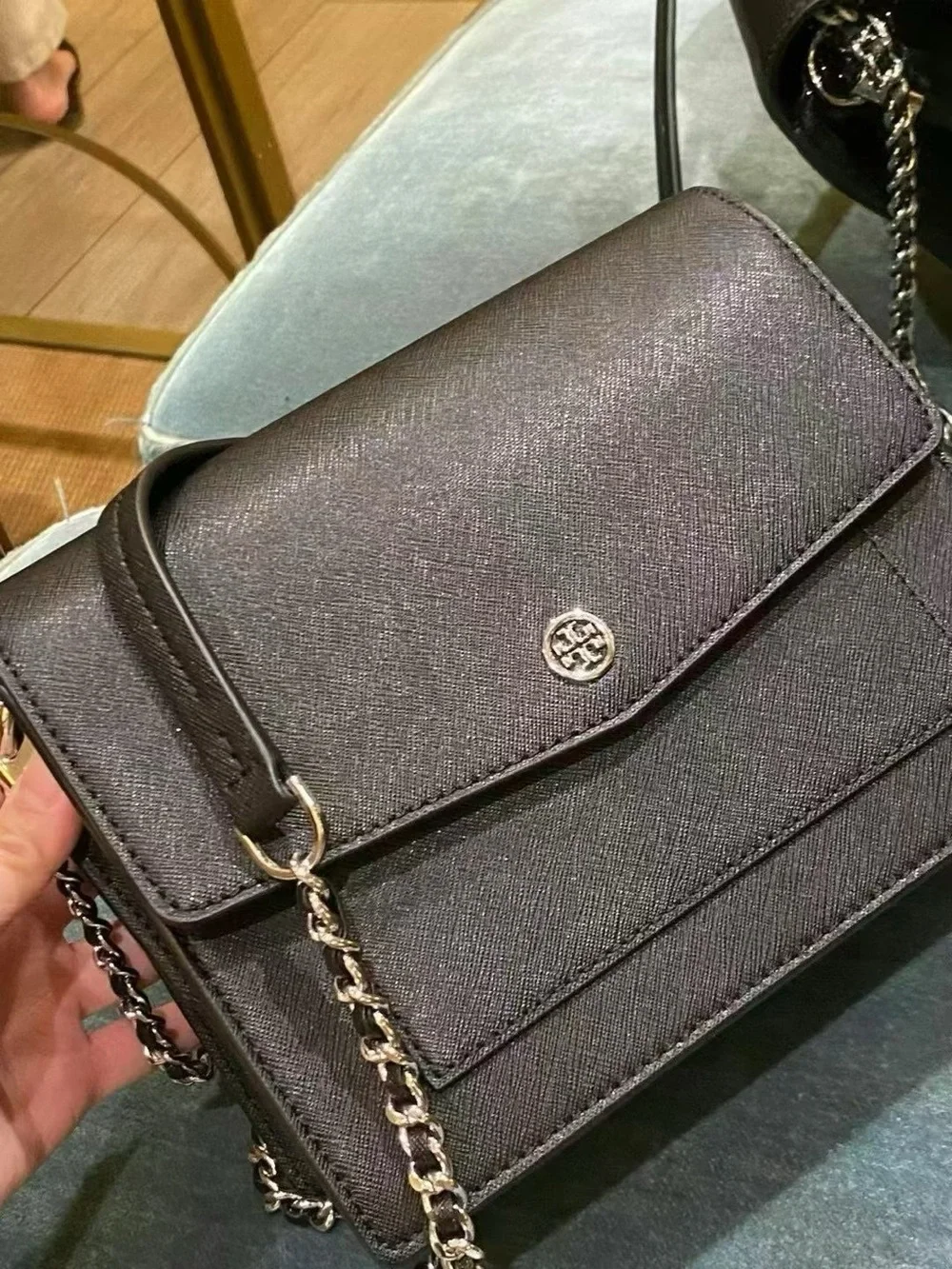 Tory Burch Robinson Convertible Shoulder Bag Black Silver Logo NWT
